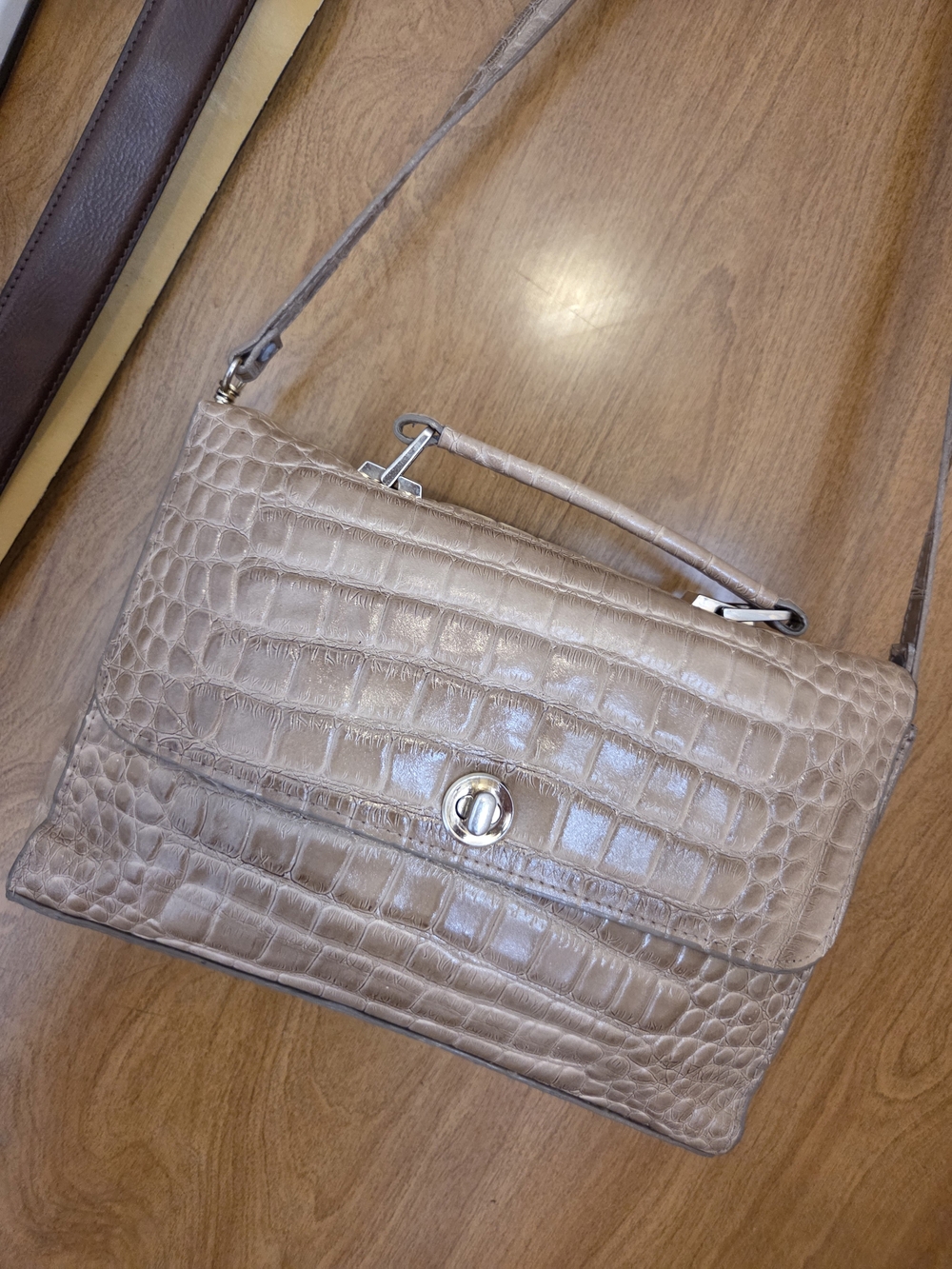 Vintage Croc-Embossed Quilted Shoulder Bag in Taupe
